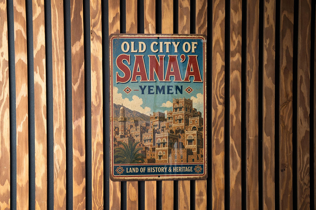 a vintage-style metal sign with the text "OLD CITY OF SANA'A YEMEN" and "LAND OF HISTORY & HERITAGE" on it, mounted on a wooden wall.
