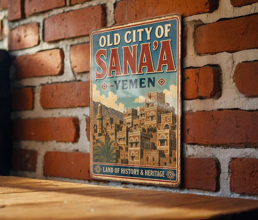 a vintage-style sign for the "Old City of Sana'a" in Yemen, mounted on a brick wall.