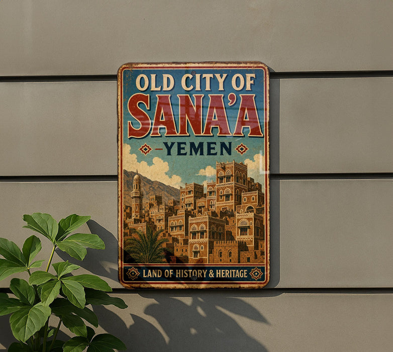a vintage-style sign for the "Old City of Sana'a Yemen" mounted on a wall.