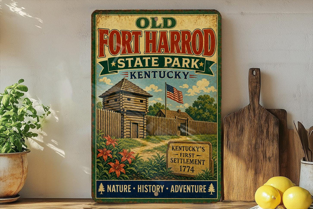 a vintage-style sign for Old Fort Harrod State Park in Kentucky, with a wooden fence and a building depicted on the sign. The sign is displayed on a shelf next to a potted plant and a wooden cutting board, along with some lemons.