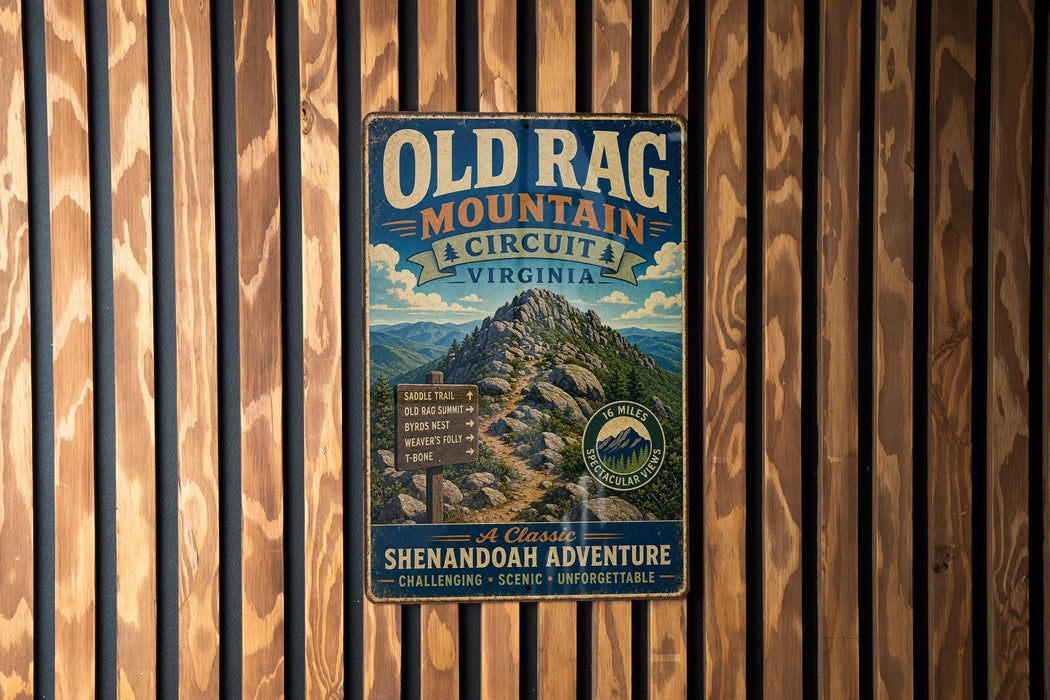 a vintage-style metal sign for the Old Rag Mountain Circuit in Virginia, mounted on a wooden wall.