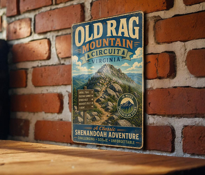 A vintage-style metal sign for the Old Rag Mountain Circuit in Virginia, featuring a mountain landscape and trail directions.