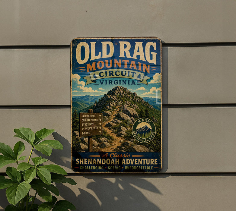 a vintage-style sign for the Old Rag Mountain Circuit in Virginia, with a mountain landscape and trail directions.