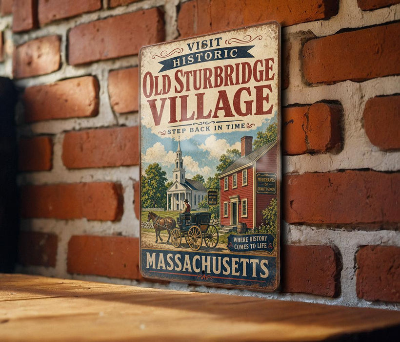 a vintage metal sign for Old Sturbridge Village, with a brick wall and a wooden table in the background.