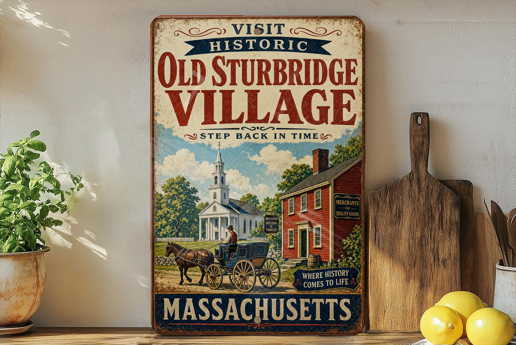 a vintage-style metal sign advertising "Old Sturbridge Village" in Massachusetts, with a picture of a horse-drawn carriage and a church.