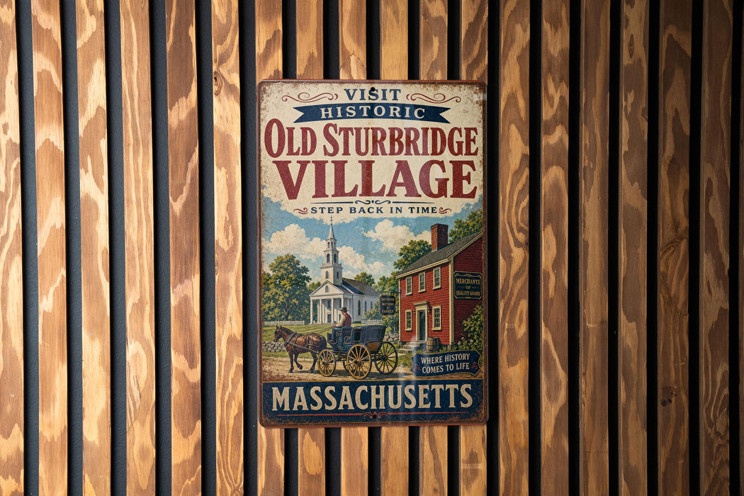 a vintage metal sign for Old Sturbridge Village, with a picture of a horse-drawn carriage and a church.