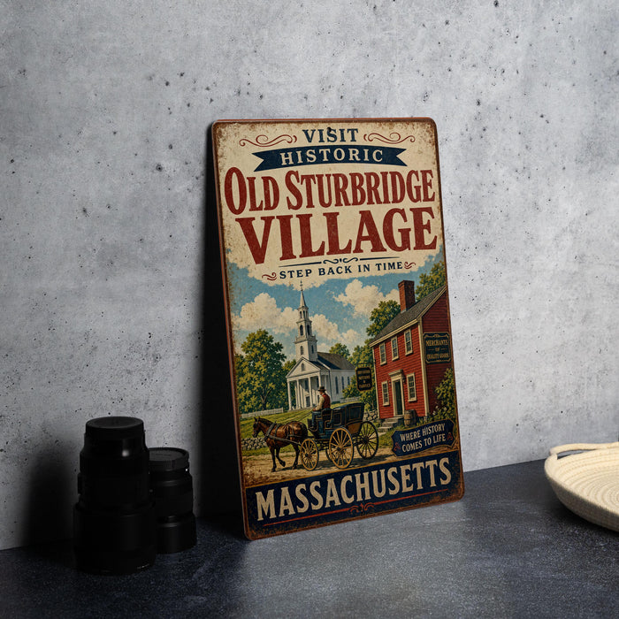 a vintage metal sign for Old Sturbridge Village, with a picture of a horse-drawn carriage and a church, along with the text "VISIT HISTORIC OLD STURBRIDGE VILLAGE STEP BACK IN TIME" and "MASCHUSETTS".