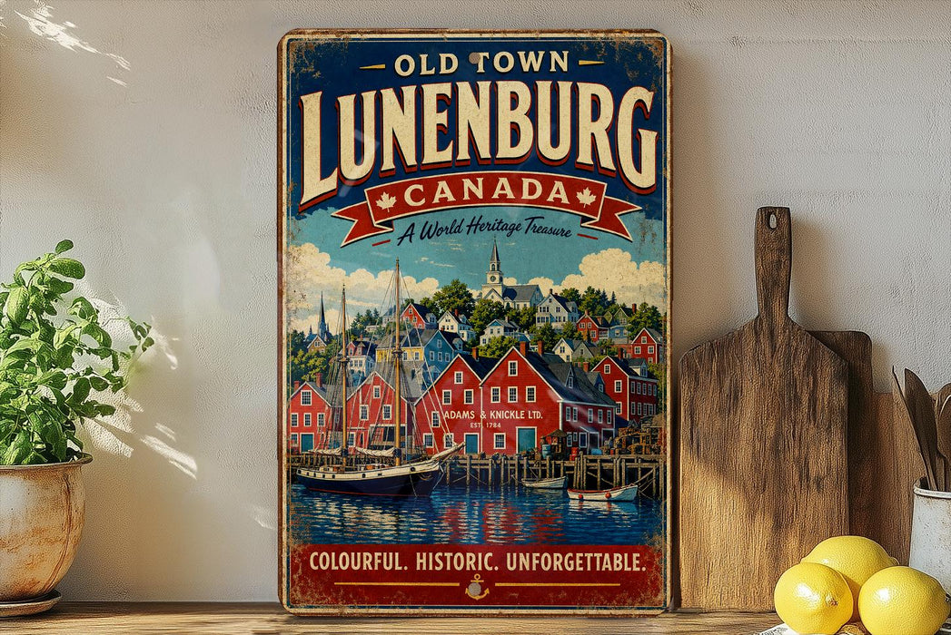 a vintage-style metal sign with a colorful illustration of a town, including buildings, boats, and a river, along with the text "OLD TOWN LUNENBURG CANADA A World Heritage Trust" and "COLOURFUL, HISTORIC, UNFORGETTABLE." The sign is displayed on a shelf next to a wooden cutting board and some potted plants.