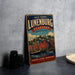 A vintage-style sign for Old Town Lunenburg, Canada, featuring a colorful illustration of the town's buildings and a river.