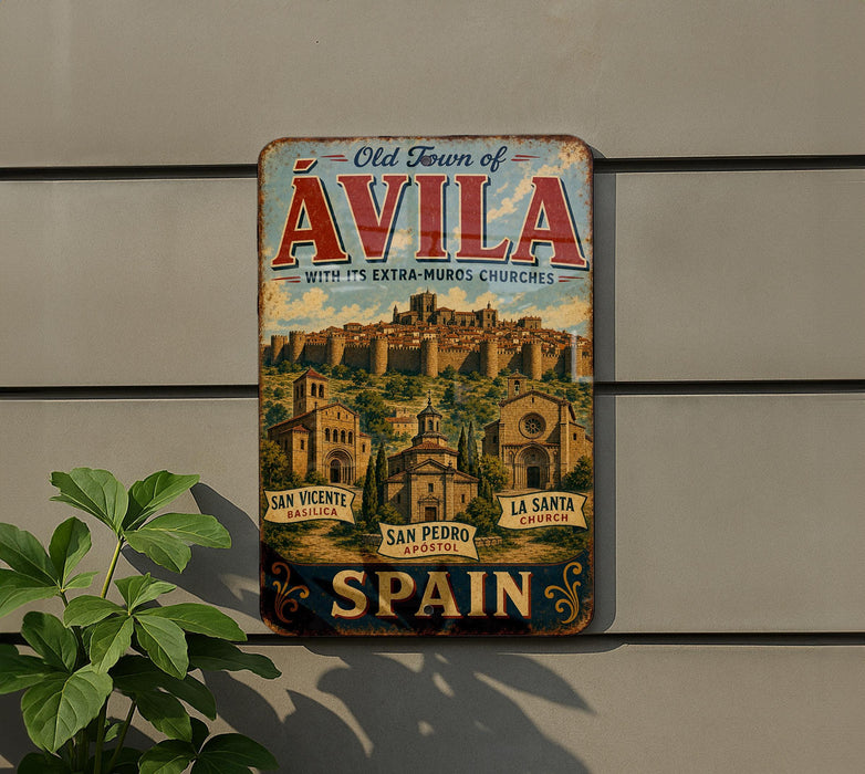 A vintage metal sign advertising the Old Town of Avila, Spain, with the text "Old Town of Avila with its extra-muros churches" and the names of the churches below.
