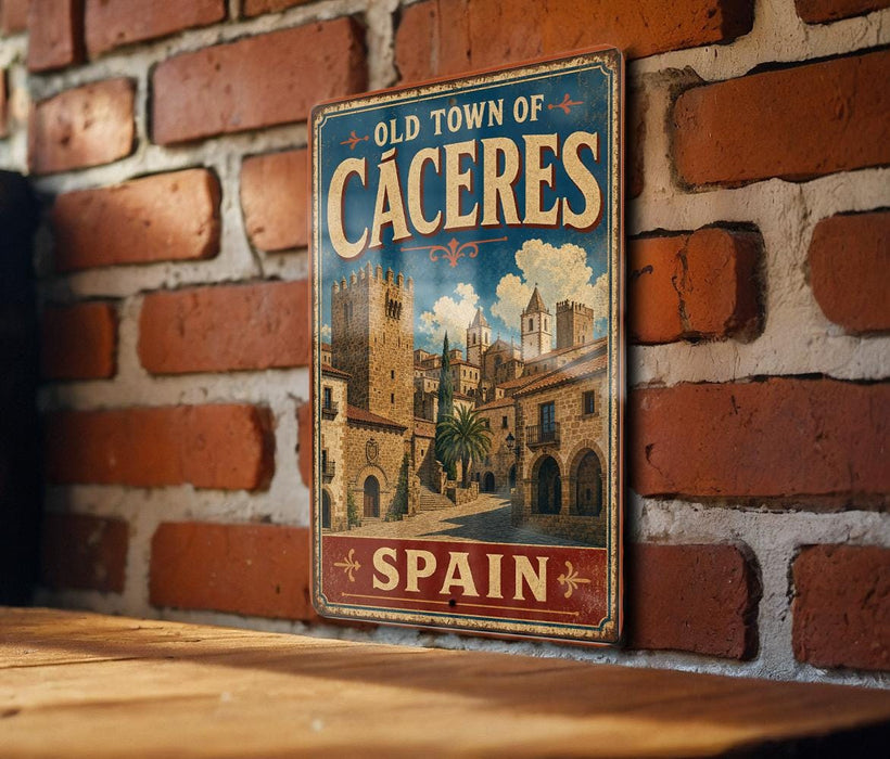 A vintage metal sign with the text "OLD TOWN OF CÁCERES" and "SPAIN" is displayed on a brick wall.