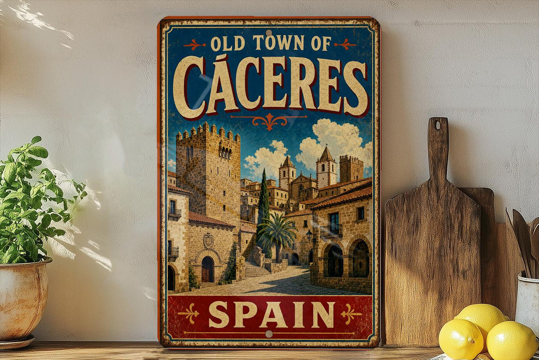 A vintage-style metal sign with the text "Old Town of Cáceres" and "Spain" on it, featuring an illustration of a historic town with buildings and palm trees. The sign is displayed on a shelf next to a wooden cutting board and a potted plant.