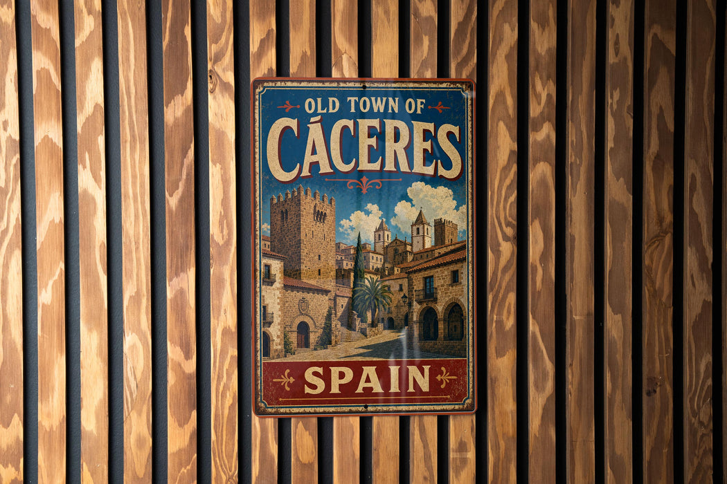 A vintage metal sign that reads "Old Town of Cáceres, Spain" is displayed on a wooden wall.