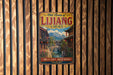 A vintage-style metal sign that reads "Old Town of Lijiang China" with a scenic illustration of traditional Chinese architecture and a river.