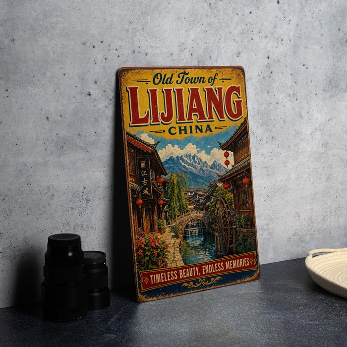 A vintage-style metal sign for the Old Town of Lijiang, China, featuring an illustration of traditional Chinese architecture and a scenic landscape.