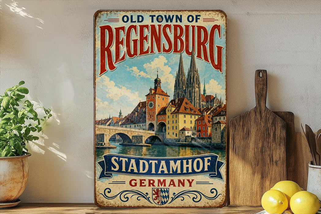 a vintage-style metal sign for the Old Town of Regensburg, Germany, with a painting of the town's landmarks and a river. The sign is displayed on a shelf next to a wooden cutting board and some potted plants.