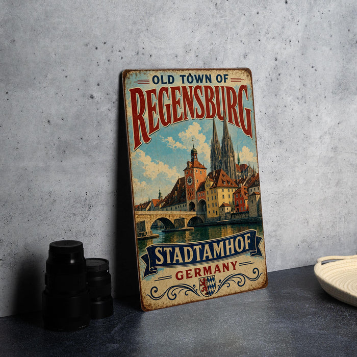 A vintage-style metal sign for the Old Town of Regensburg, Germany, featuring an illustration of the town's landmarks and a banner that reads "Stadtamhof Germany".