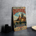 A vintage-style metal sign for the Old Town of Regensburg, Germany, featuring an illustration of the town's landmarks and a banner that reads "Stadtamhof Germany".