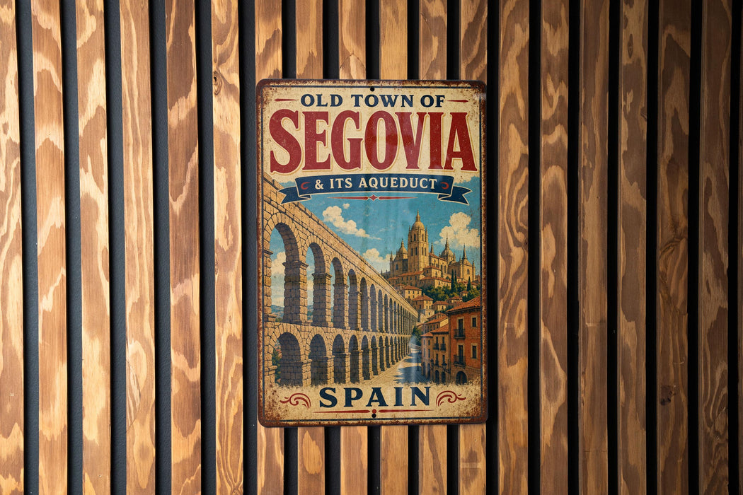 A vintage metal sign with the text "Old Town of Segovia & its Aqueduct" and "SPAIN" is displayed on a wooden wall.