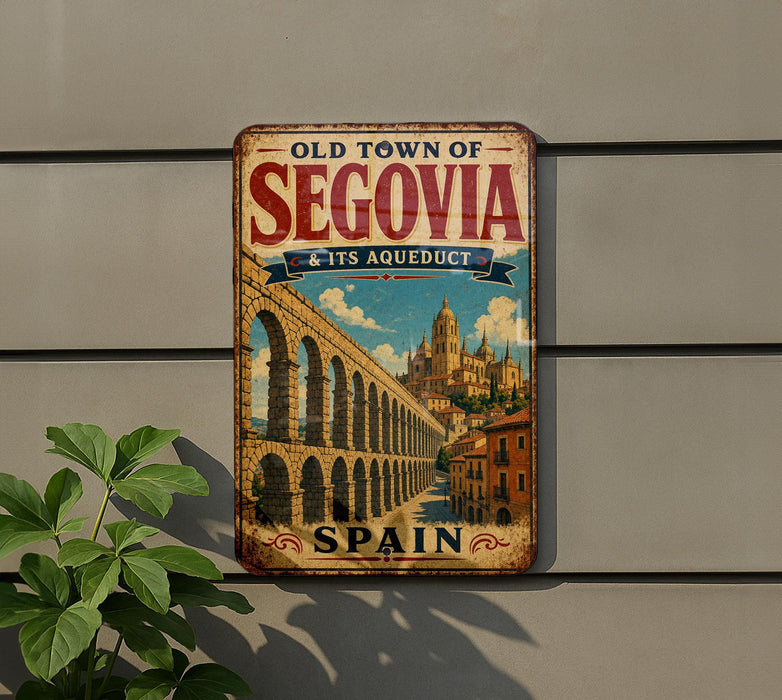 a vintage metal sign that reads "Old Town of Segovia & Its Aqueduct" and "Spain", with a picture of a historic bridge in the background.