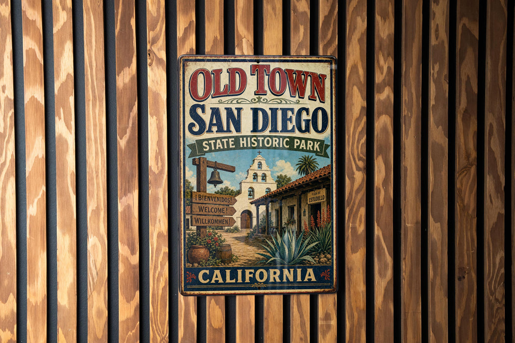 A vintage-style metal sign for Old Town San Diego, California, featuring a sign with a bell and welcoming visitors to the state historic park.
