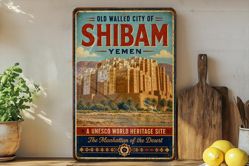 a vintage-style poster of the Old Walled City of Shibam, Yemen, with a desert landscape and a castle-like structure in the background.