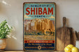 a vintage-style poster of the Old Walled City of Shibam, Yemen, with a desert landscape and a castle-like structure in the background.