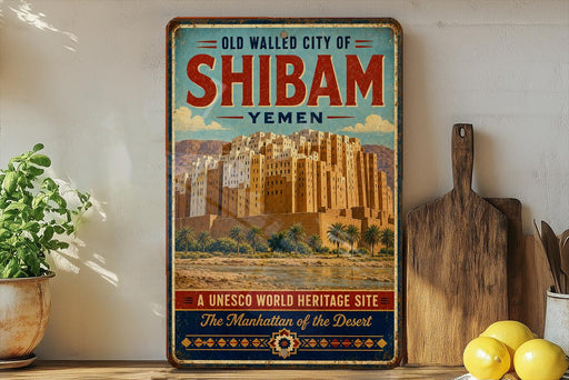 a vintage-style poster of the Old Walled City of Shibam, Yemen, with a desert landscape and a castle-like structure in the background.