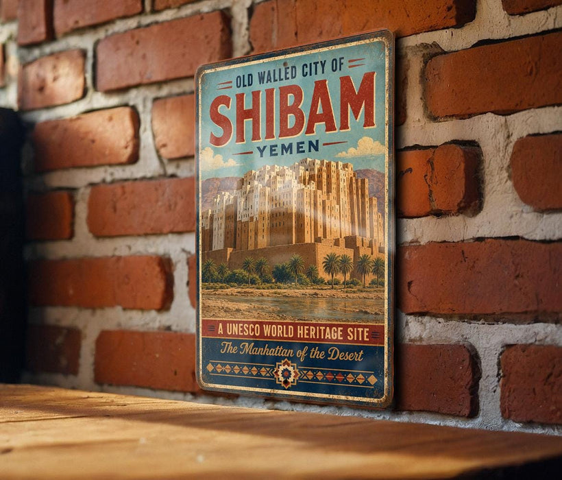 A vintage-style metal sign for the Old Walled City of Shibam, Yemen, featuring a desert landscape with palm trees and a castle-like structure.