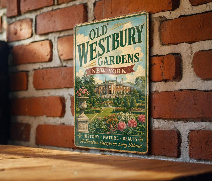 A vintage-style metal sign for Old Westbury Gardens in New York, featuring a garden scene with a large house and flowers.