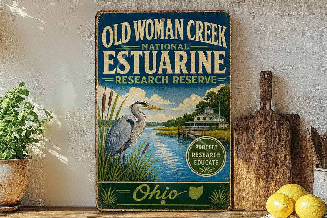 a vintage-style sign for the Old Woman Creek National Estuarine Research Reserve in Ohio, with a large blue bird illustration and a scenic background.