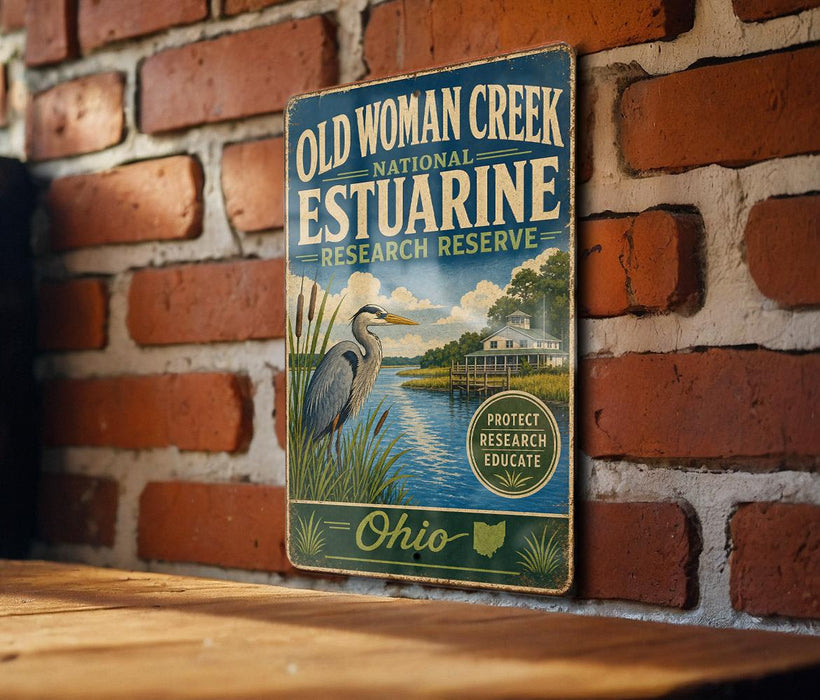 A vintage-style sign for the Old Woman Creek National Estuarine Research Reserve in Ohio, featuring a heron and a house in the background.