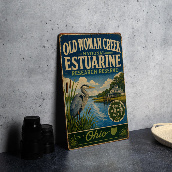 a vintage-style sign for the Old Woman Creek National Estuarine Research Reserve in Ohio.