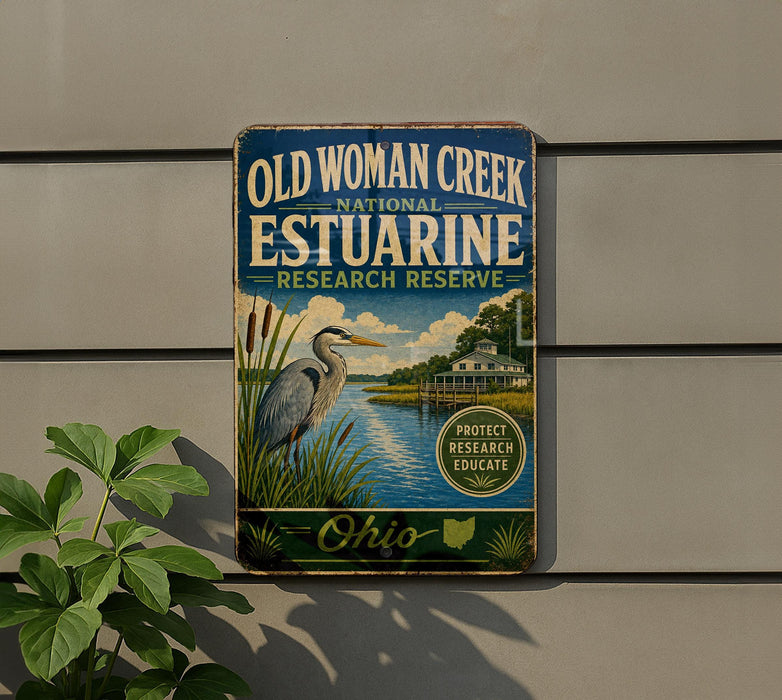 a vintage-style sign for the Old Woman Creek National Estuarine Research Reserve in Ohio.