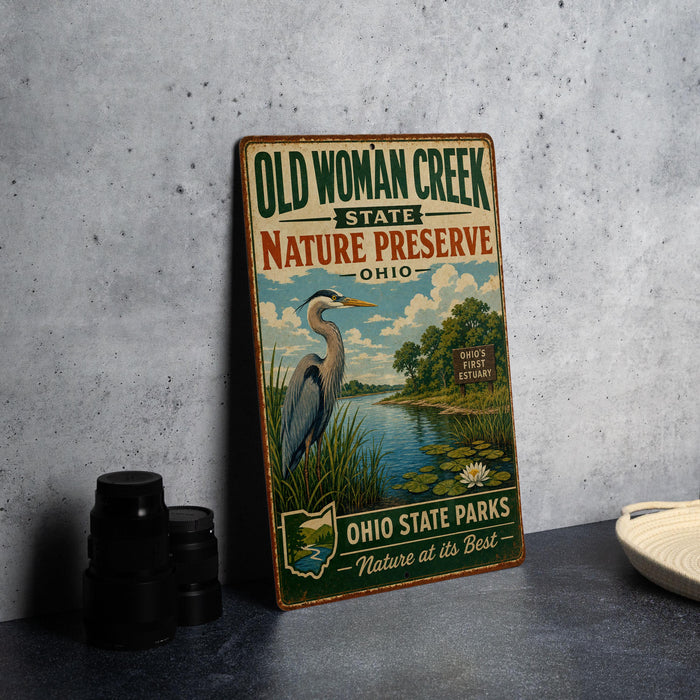a vintage-style metal sign for Old Woman Creek State Nature Preserve in Ohio, with a large bird illustration and text promoting the park's nature and beauty.