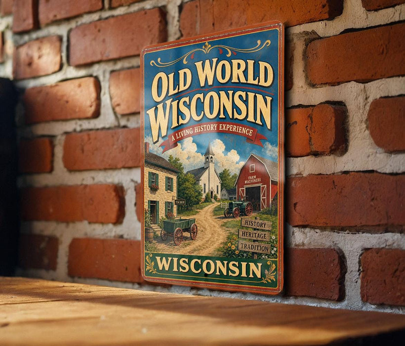 A vintage-style metal sign for "Old Wisconsin" hanging on a brick wall, featuring an illustration of a farm scene and text promoting the state's history and heritage.
