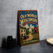 A vintage-style metal sign for "Old World Wisconsin" is displayed on a gray countertop, featuring an illustration of a rural scene with a barn, house, and wagon.