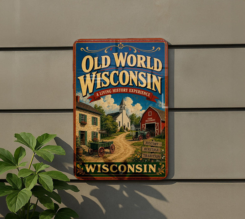 A vintage-style metal sign for "Old Wisconsin" is displayed on a wall, featuring an illustration of a rural scene with a barn, wagon, and other elements characteristic of Wisconsin's history and heritage.