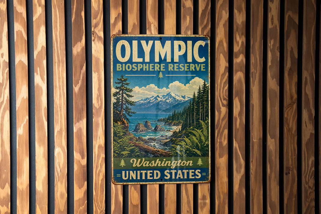 A vintage-style metal sign with the text "OLYMPIC BIOSPHERE RESERVE Washington United States" is displayed on a wooden wall.