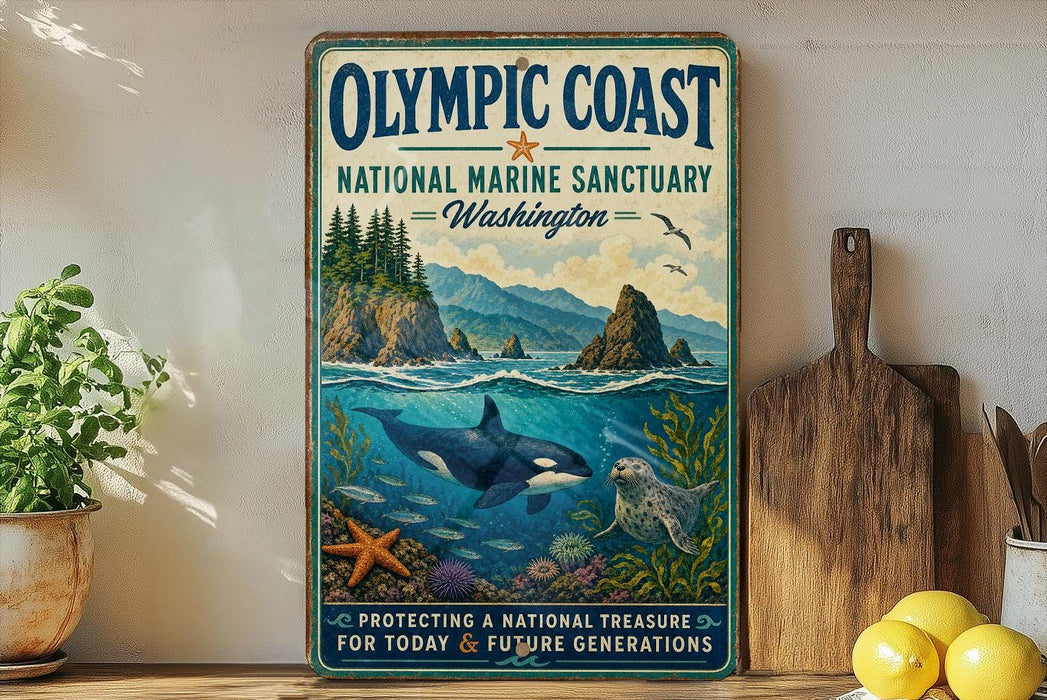 a vintage-style sign for the Olympic Coast National Marine Sanctuary in Washington, with illustrations of marine life and a scenic landscape.