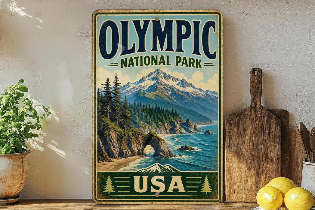 A vintage-style sign for Olympic National Park in the United States, featuring a scenic mountain landscape with pine trees and a beach.