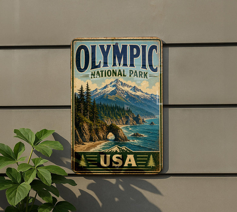 A vintage-style sign for Olympic National Park in the United States, featuring a scenic mountain landscape with pine trees and a body of water.