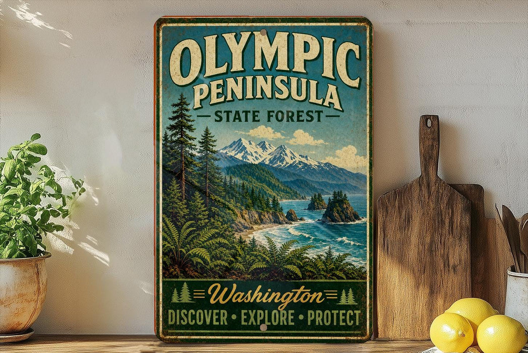 A vintage-style metal sign for Olympic Peninsula State Forest, featuring a scenic landscape with mountains, pine trees, and a body of water.