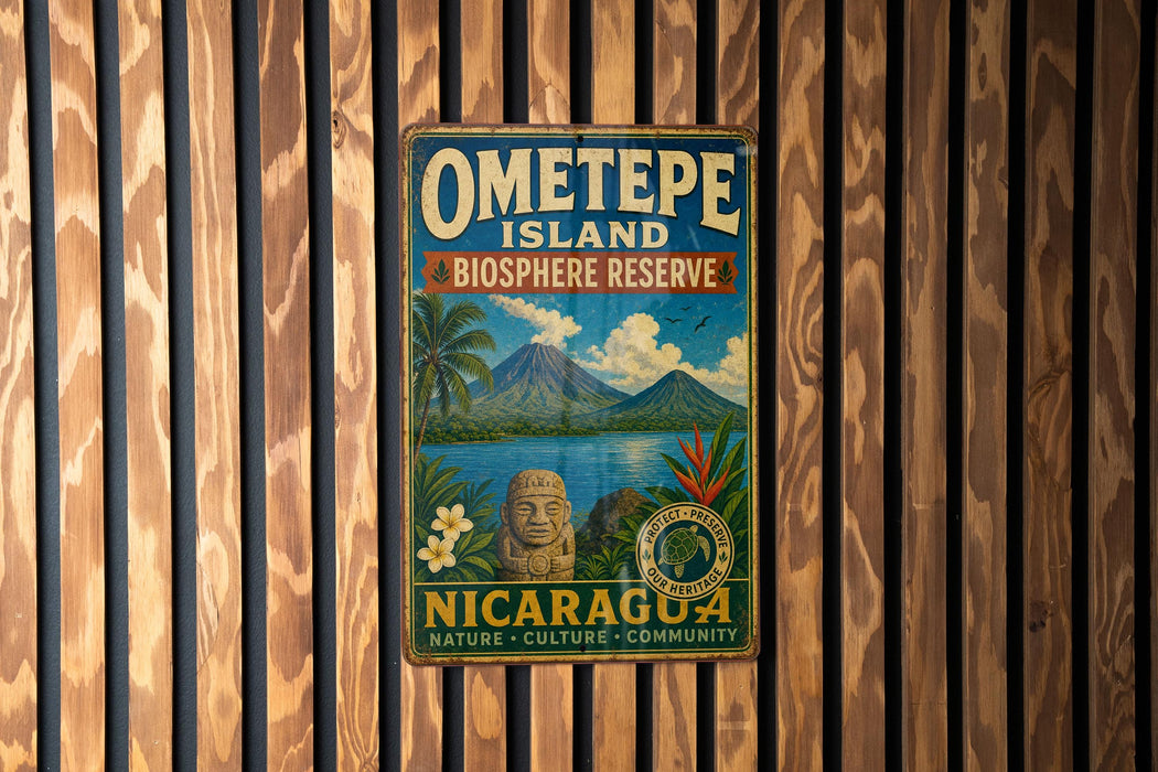 A vintage-style metal sign for Ometepe Island, Biosphere Reserve, and Nicaragua, featuring a tropical landscape with a mountain, palm trees, and a statue.