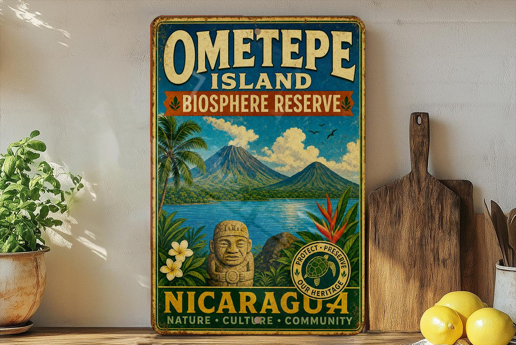 A vintage-style sign for Ometepe Island, the Biosphere Reserve in Nicaragua, featuring a tropical landscape with mountains, palm trees, and a statue.