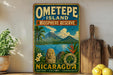 A vintage-style sign for Ometepe Island, the Biosphere Reserve in Nicaragua, featuring a tropical landscape with mountains, palm trees, and a statue.