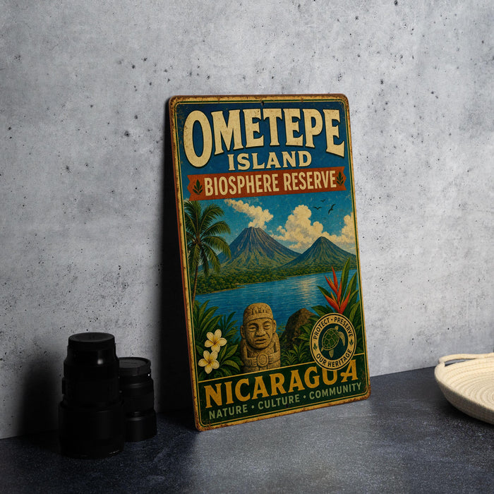 A vintage-style sign for Ometepe Island, Biosphere Reserve, Nicaragua, featuring a tropical landscape with mountains, palm trees, and a statue.