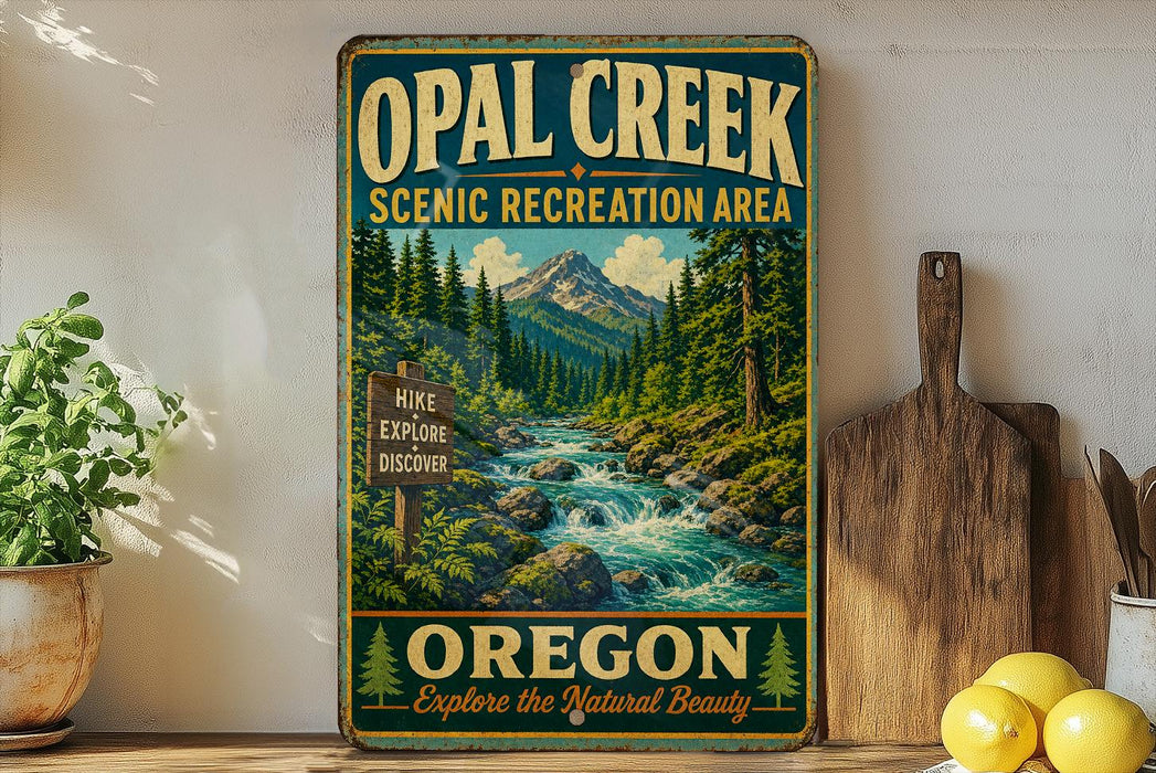 A vintage-style metal sign for Opal Creek Scenic Recreation Area in Oregon, featuring a mountain landscape with a river flowing through it.