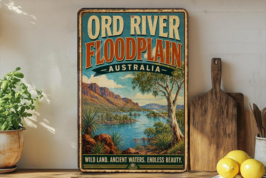 A vintage-style poster advertising the Ord River Floodplain in Australia, featuring a scenic landscape with mountains, a river, and lush vegetation.