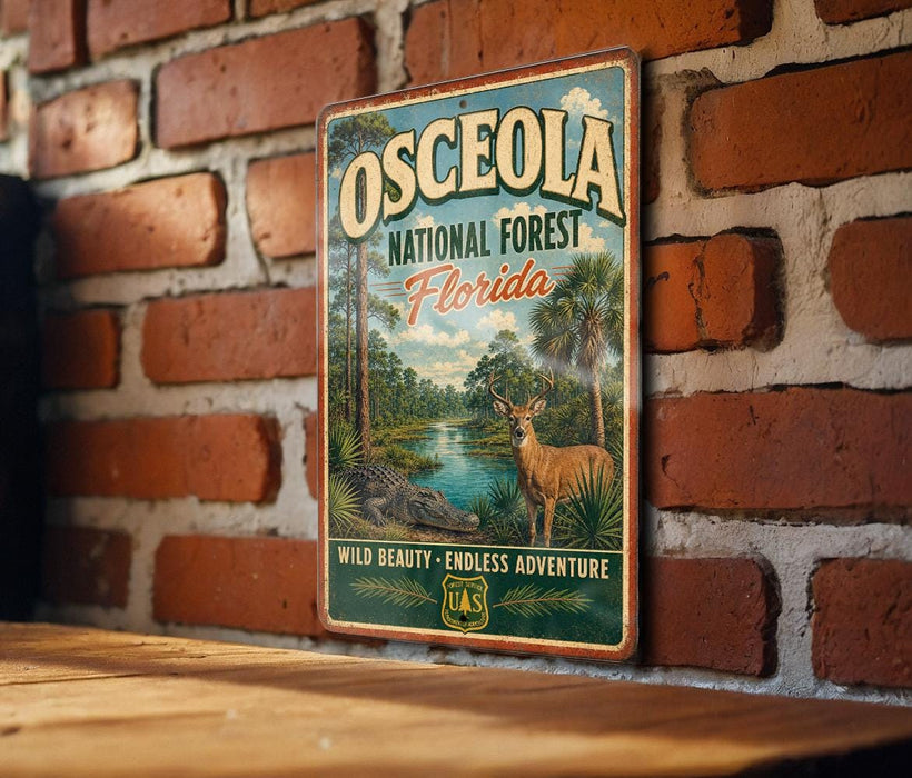 A vintage metal sign for the Osceola National Forest in Florida, featuring a scenic illustration of a deer and a river surrounded by palm trees.